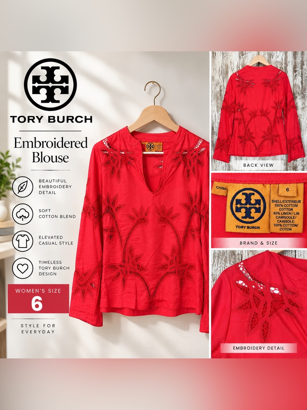 Tory Burch Coral Floral Cutwork Embroidered Blouse Women’s Size 6 Cotton Linen